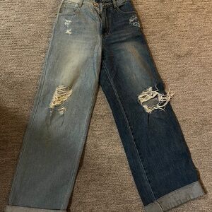 Two-Tone Distressed Wide Leg Jeans by SJYP
